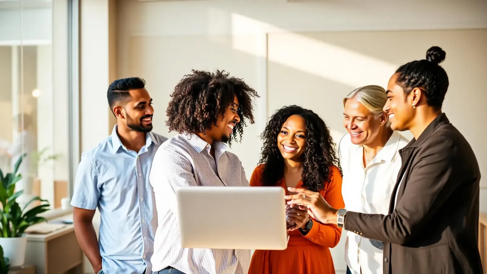 Equipe Protetta em reunião colaborativa em escritório iluminado, sorrindo durante conversa de trabalho