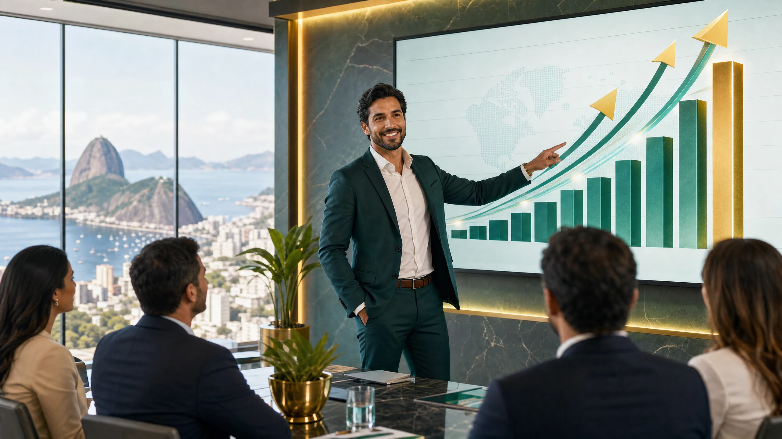 Consultor de vendas de seguros apresentando crescimento de carteira em reunião corporativa no Rio de Janeiro