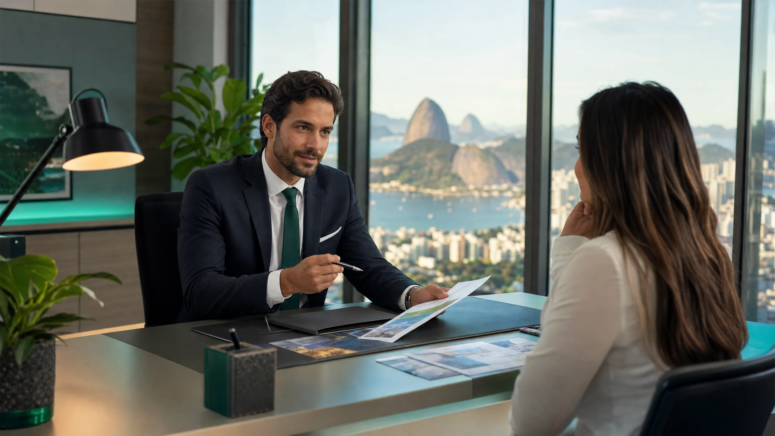 Corretor de seguros em reunião de assessoria em escritório com vista para o Rio de Janeiro