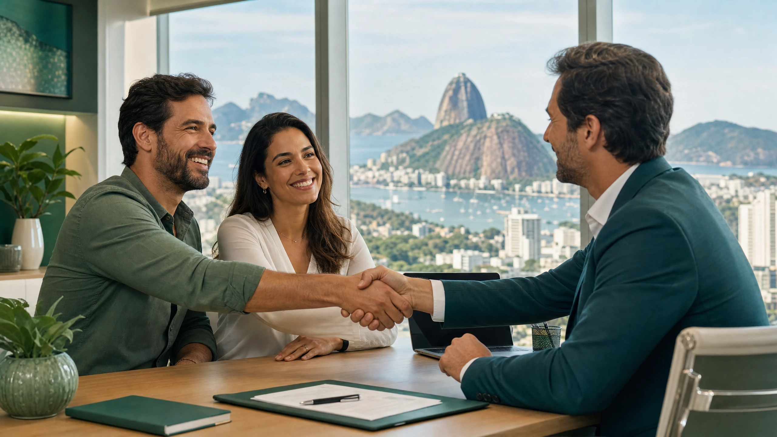 Aperto de mão firme entre um corretor de seguros e um especialista em assessoria em escritório moderno com vista para o Rio de Janeiro