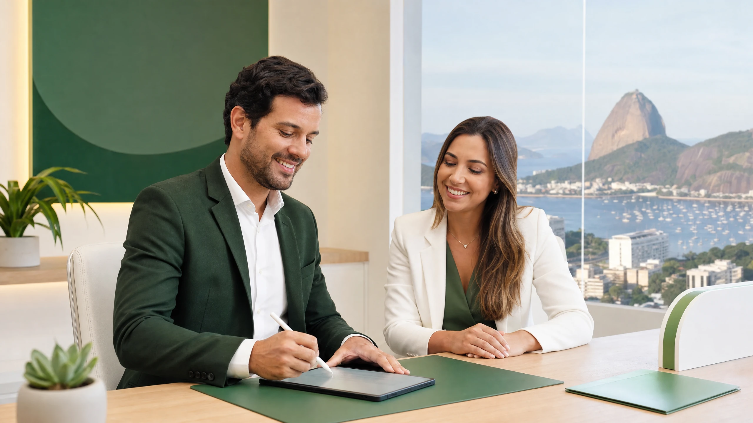 Corretor de seguros assinando contrato de parceria digital em tablet ao lado de uma especialista da Protetta Seguros no RJ