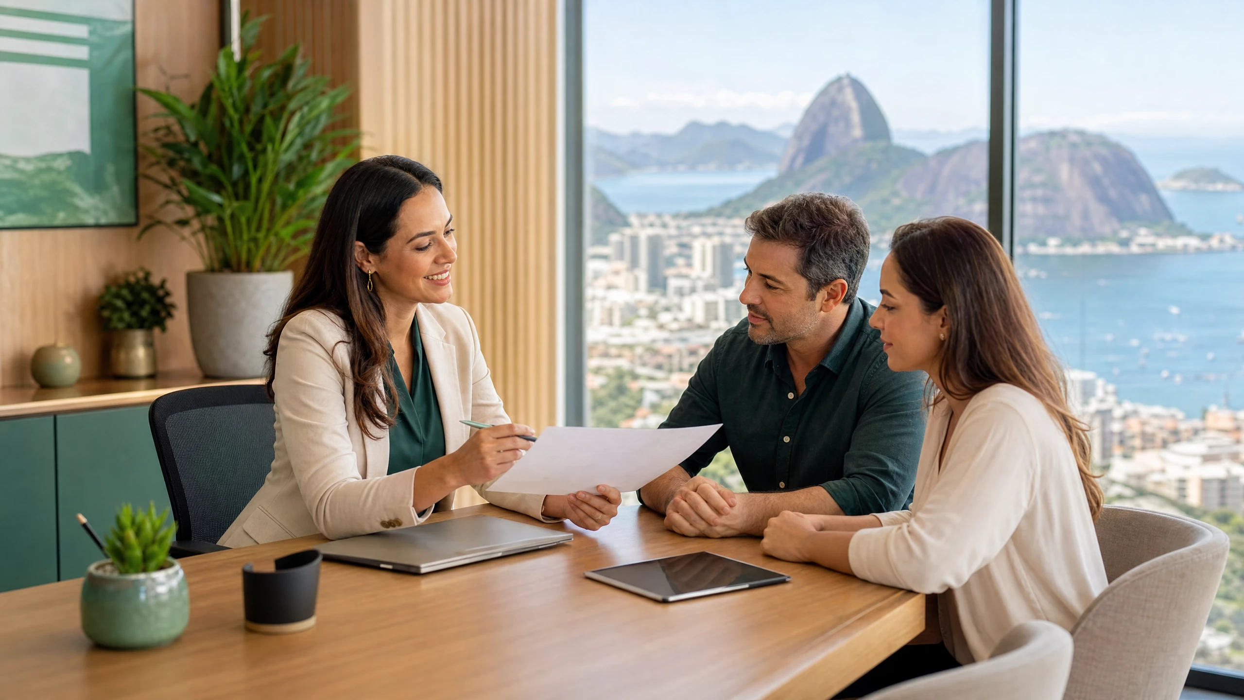 Assessora de seguros experiente explicando o funcionamento do mercado de seguros para um casal de empreendedores no Rio de Janeiro