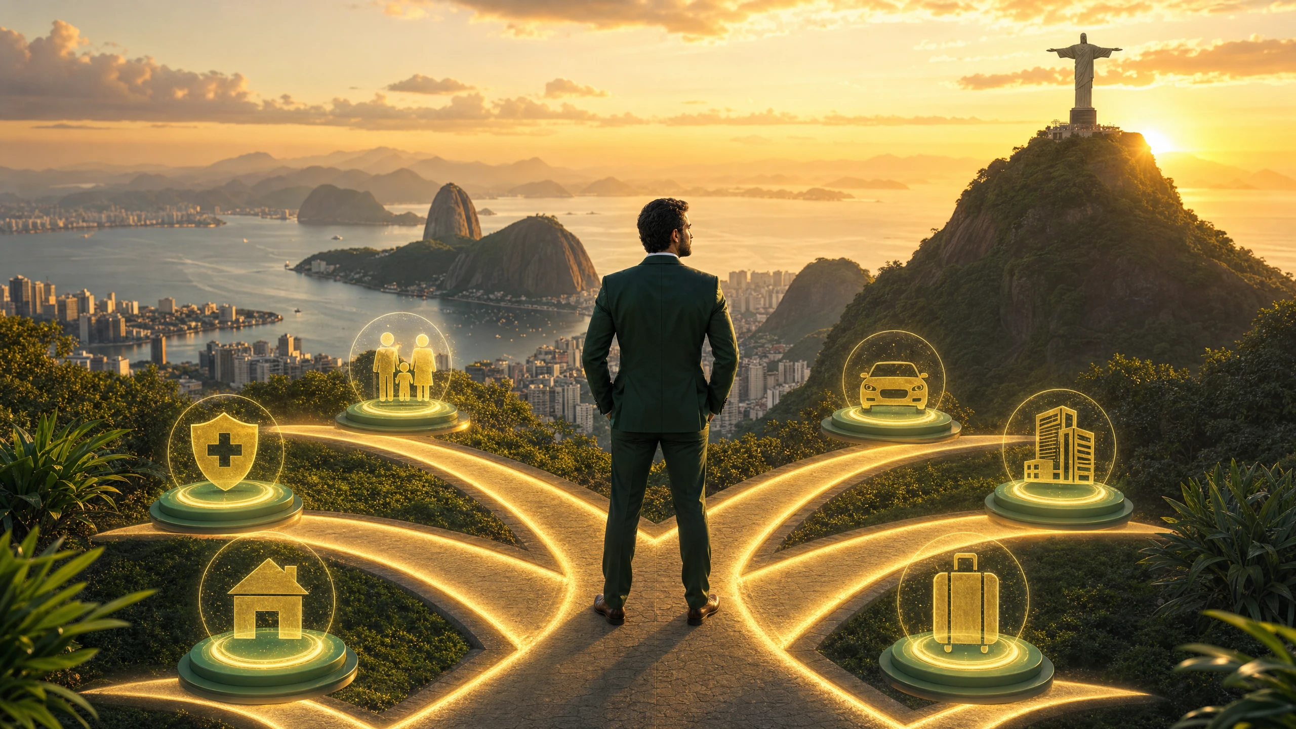 Corretor de seguros observando caminhos iluminados com ícones de seguros e o Cristo Redentor ao fundo no Rio de Janeiro