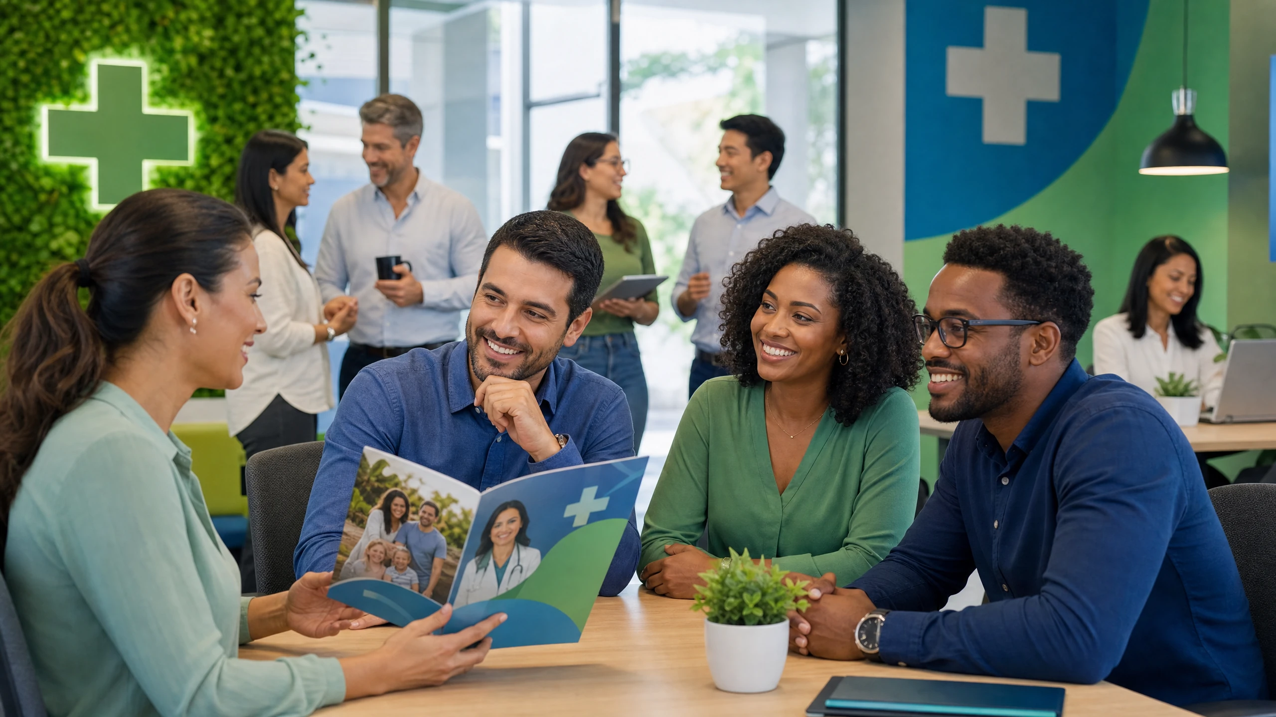 Equipe corporativa discutindo plano de saúde empresarial com assessora de seguros no RJ