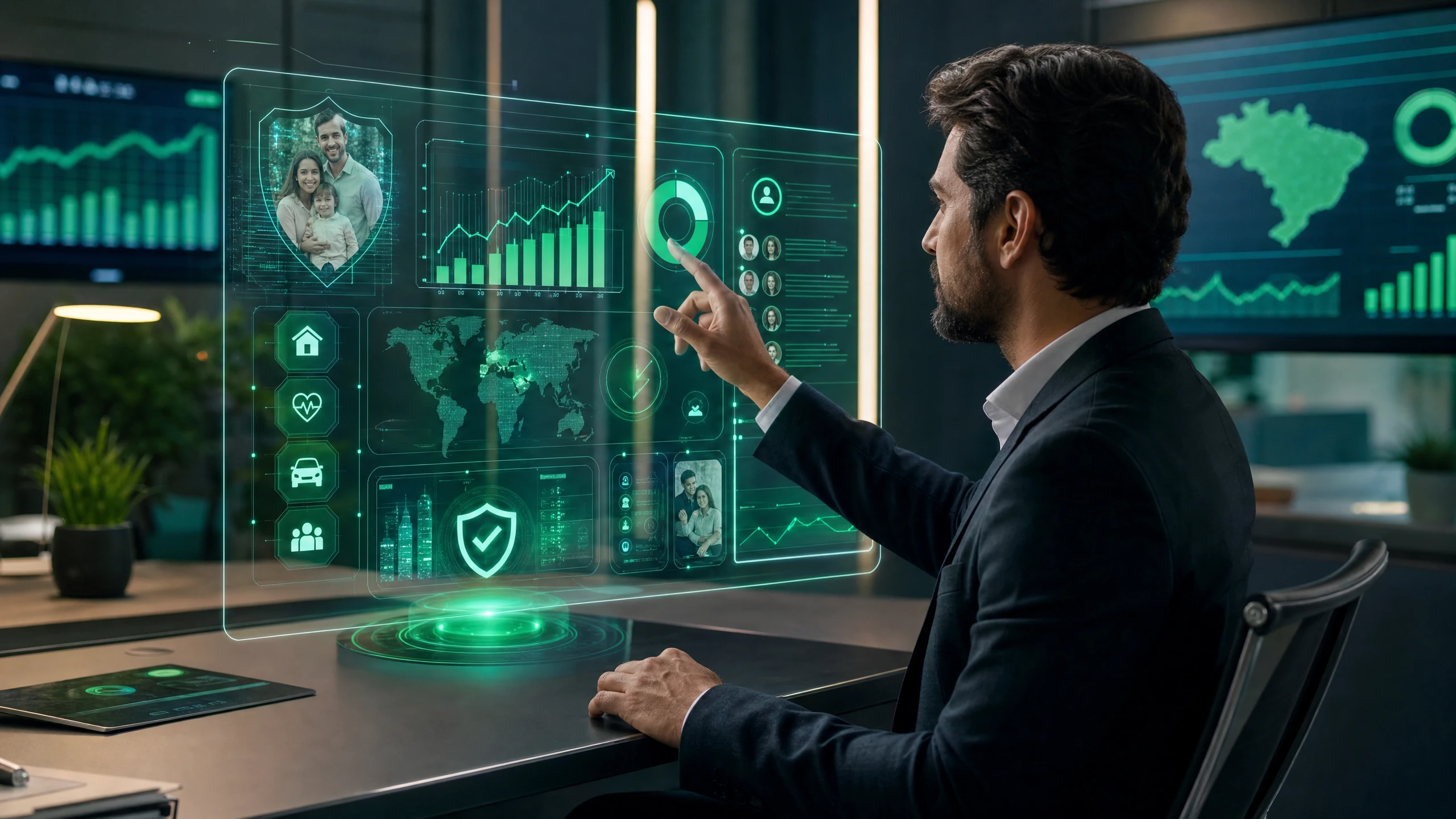 Corretor de seguros utilizando plataforma digital com painel de dados