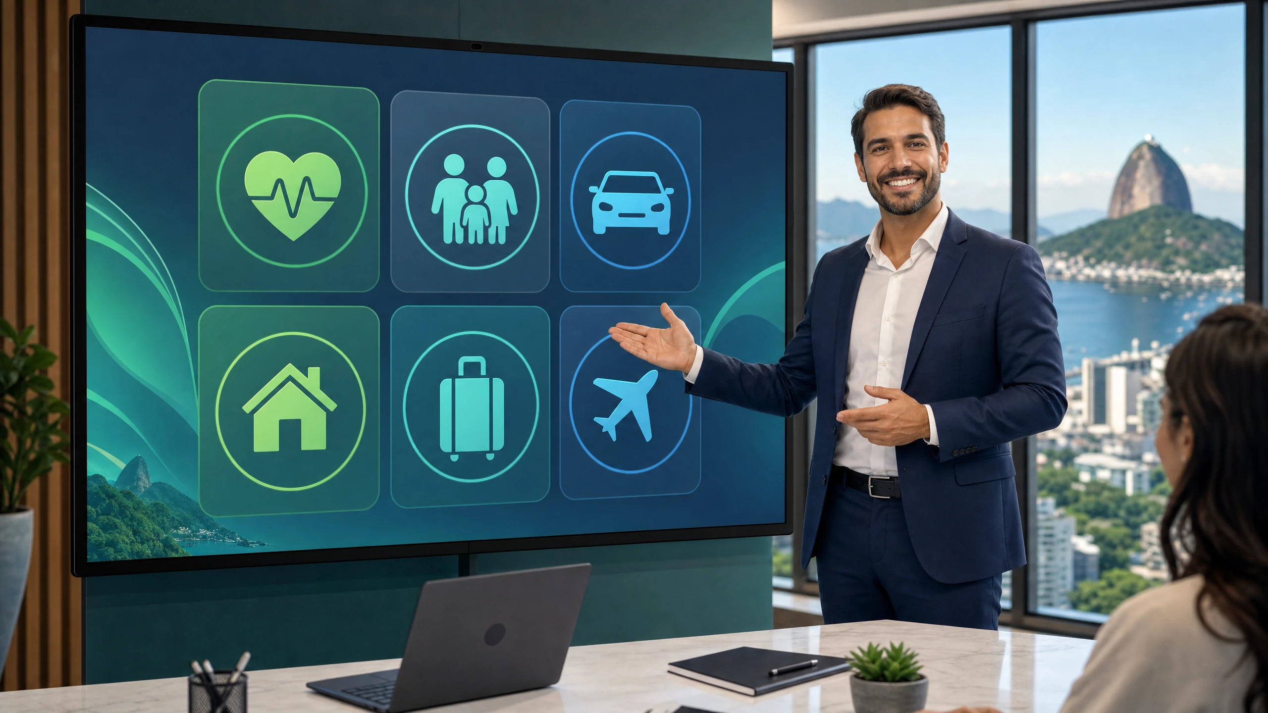 Consultor de seguros apresentando portfólio de serviços de seguros em uma tela digital interativa no Rio de Janeiro